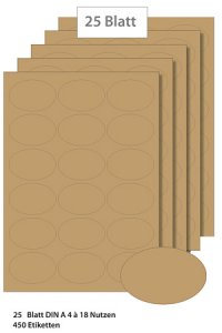 Etiketten oval 63,5 x 42,3 mm natur - 25 Blatt A4