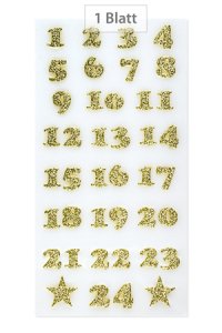 Adventskalender Zahlen 1-24, Glitter gold, 24 Stück