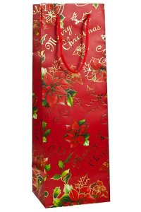 Flaschentasche Merry Christmas mit Goldprägung rot, 12 x 10 x 35 cm