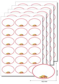 Etiketten oval Roter Rahmen mit Obst - 50 Blatt A4