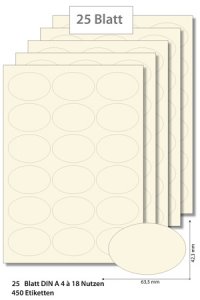 Etiketten oval 63,5 x 42,3 mm creme - 25 Blatt A4