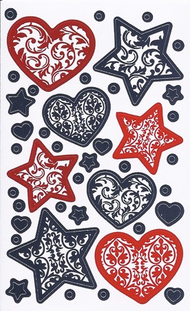 Weihnachtsetiketten 'Sterne und Herzen' silber/rot
