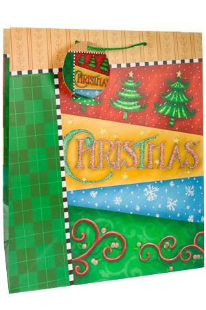 Geschenktüte 'CHRISTMAS' mit grünen Bändern, 27 x 14 x 33 cm
