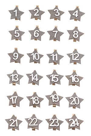 Adventskalender-Zahlen 'Stern' auf Holzklammer, grau, 24 Stück