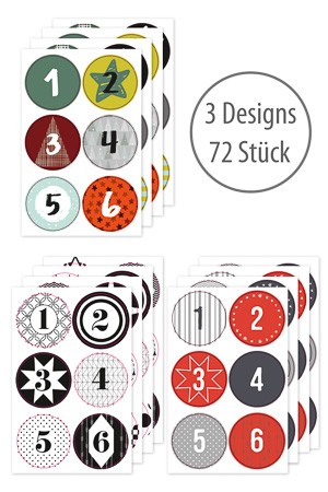 Rund-Sticker 'Adventskalenderzahlen' in 3 Designs/Farben, 72 Stück