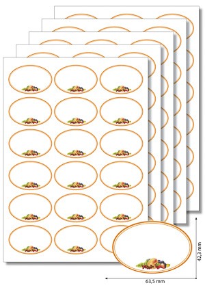 Etiketten oval 'Orangener Rahmen mit Obst' - 5 Blatt A4