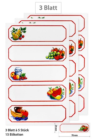 Etiketten 'Früchte in rotem Rahmen' 78 x 24 mm, 15 Stück