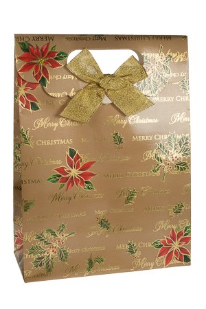 Geschenktasche 'Merry Christmas' gold mit Schleife, 18 x 8 x 24,5 cm