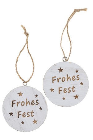 Holzanhänger 'Frohes Fest', 6 cm weiß, 2 Stück