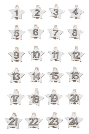 Adventskalender-Zahlen 'Stern' auf Holzklammer, weiß, 24 Stück