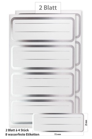 Etiketten 'Weiß, silberner Rahmen' 72 x 25 mm, wasserfest, 8 Stück