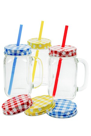 Trinkhalmglas mit Henkel 450 ml, 3er Set mit Extra-Verschlüssen