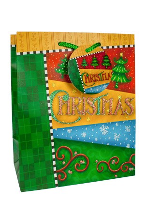 Geschenktasche 'CHRISTMAS' mit grünen Bändern mittel
