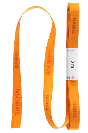 Stoffband 3 m, 10 mm 'Danke/Thank you' orange