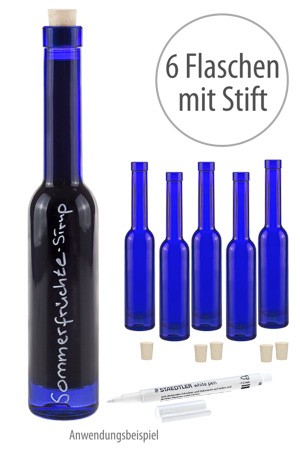 Blaue Flasche 200 ml, 6er Set mit Stift