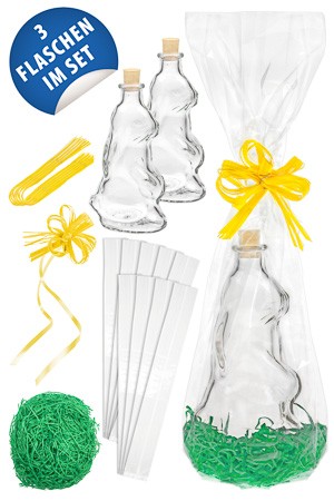 Hasenflaschen 200 ml mit Deko, 3er Set