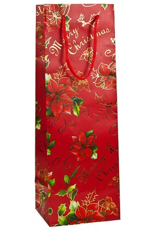 Flaschentasche 'Merry Christmas' mit Goldprägung rot, 12 x 10 x 35 cm